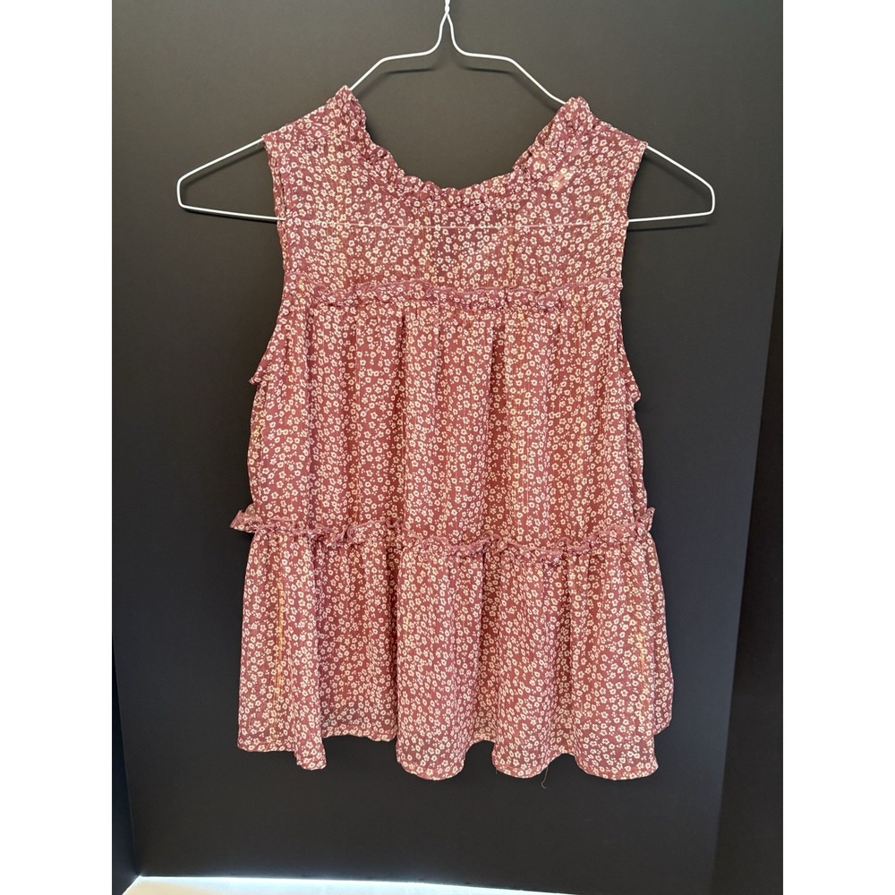 MONTEAU Red Floral Blouse Women's M Ruffle‎ Neck Sleeveless Tiered Boho Top
